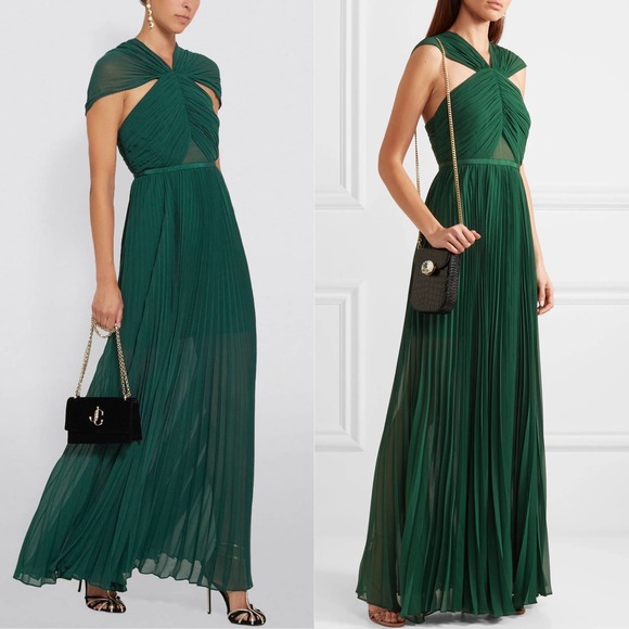 Self-Portrait Dresses & Skirts - Self-Portrait Chiffon Pleated Forest Green Sleeveless Maxi Dress Gown 6